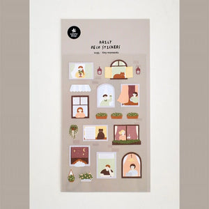 Suatelier Daily Deco Sticker Tiny Moments sheet featuring cozy window illustrations of people and plants in everyday scenes.