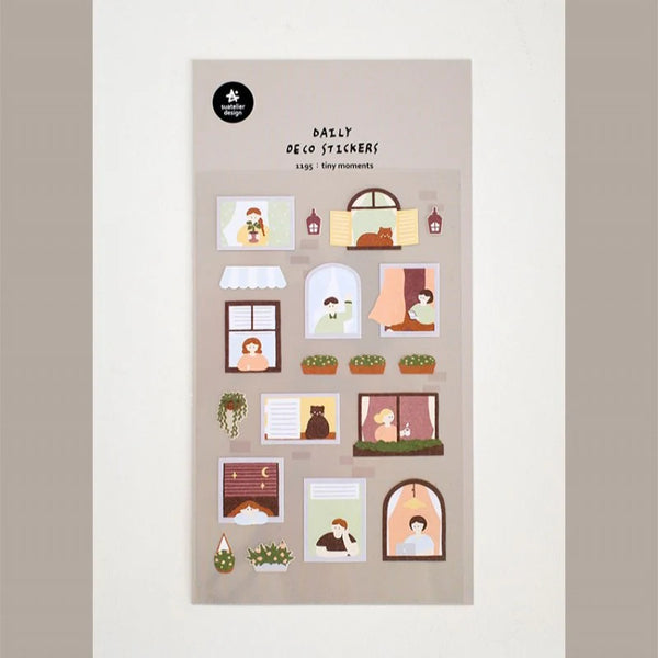 Load image into Gallery viewer, Suatelier Daily Deco Sticker Tiny Moments sheet featuring cozy window illustrations of people and plants in everyday scenes.
