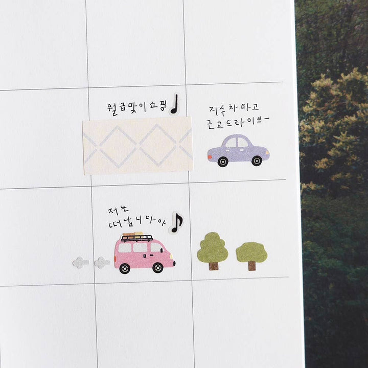 Suatelier Cars stickers applied in a journal with handwritten notes