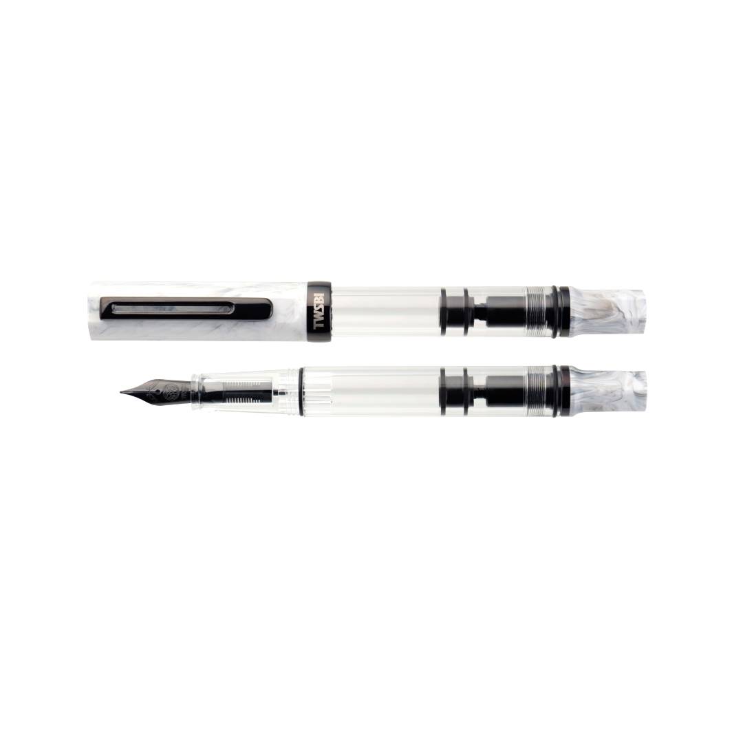 TWSBI ECO Fountain Pen Carrara with Onyx Trim – clear demonstrator barrel, marbled white cap, black stainless steel nib