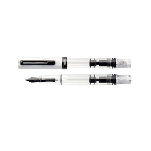 TWSBI ECO Fountain Pen Carrara with Onyx Trim – clear demonstrator barrel, marbled white cap, black stainless steel nib