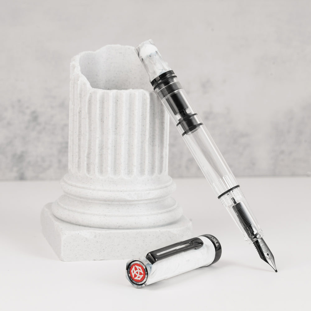TWSBI ECO Fountain Pen Carrara with Onyx Trim – clear demonstrator barrel, marbled white cap, black stainless steel nib