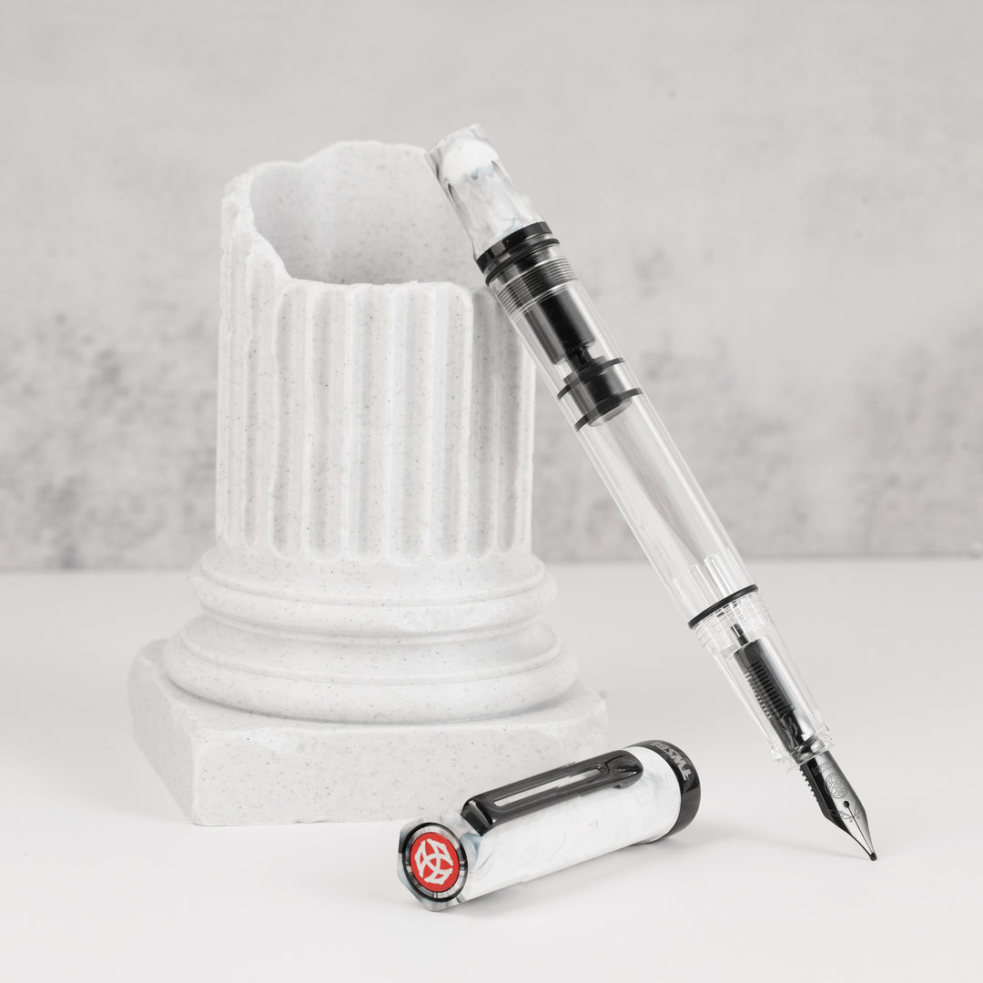 TWSBI ECO Fountain Pen Carrara with Onyx Trim – clear demonstrator barrel, marbled white cap, black stainless steel nib