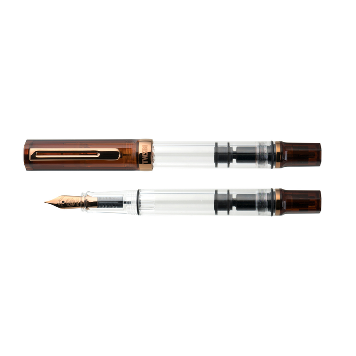 TWSBI ECO Rootbeer with Bronze Fountain Pen — uncapped with cap posted