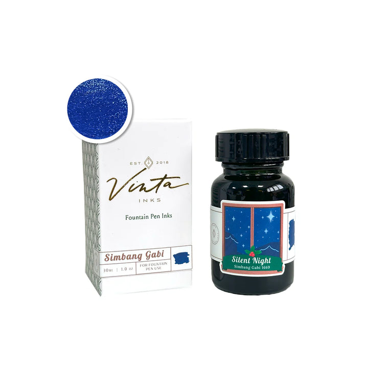 Vinta Inks Silent Night Simbang Gabi 1669 bottled fountain pen ink from the Holiday Collection 2025, deep blue with silver shimmer.