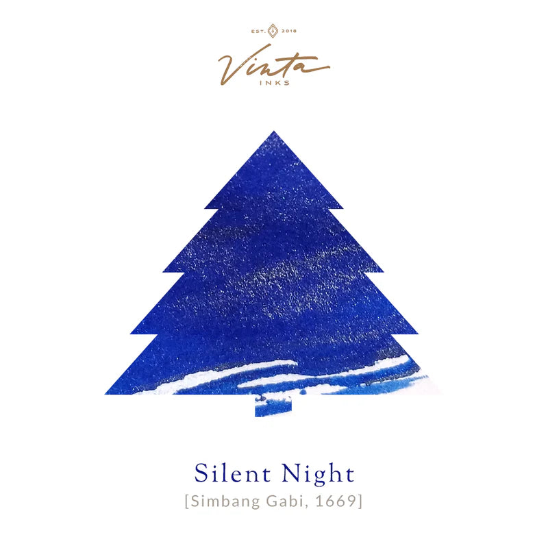 Vinta Inks Silent Night Simbang Gabi 1669 bottled fountain pen ink from the Holiday Collection 2025, deep blue with silver shimmer.