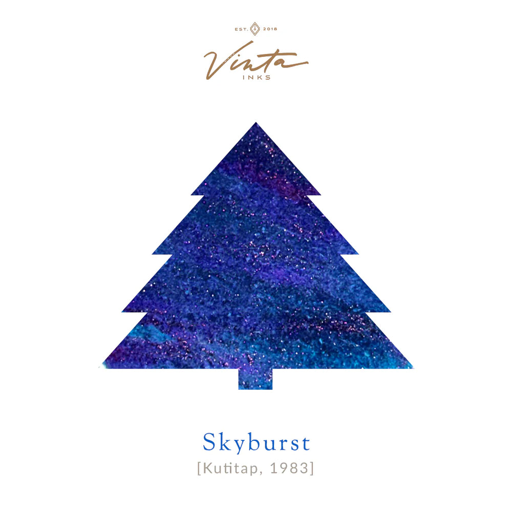 A vibrant blue ink with violet sheen and copper shimmer, inspired by Kutitap—the sparkle of Filipino Christmas lights and festive joy. Skyburst (Kutitap 1983) celebrates brightness, music, and togetherness.