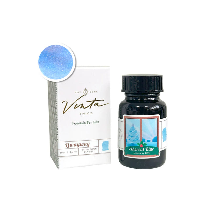 Vinta Inks Ethereal Blue Liwayway 1901 bottled fountain pen ink from the Holiday Collection 2025, soft shimmering light blue color.