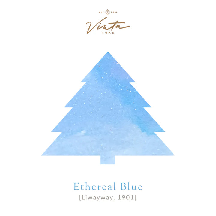 Vinta Inks Ethereal Blue Liwayway 1901 bottled fountain pen ink from the Holiday Collection 2025, soft shimmering light blue color.