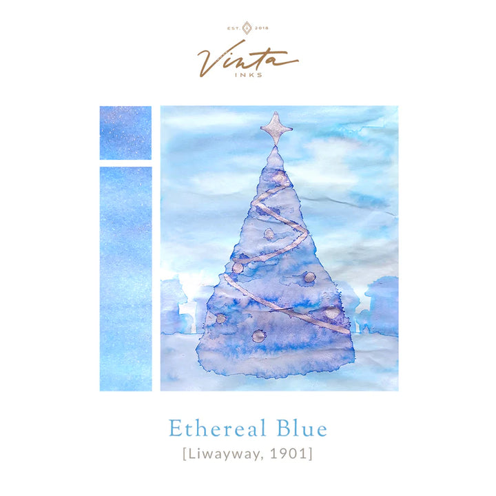 Vinta Inks Ethereal Blue Liwayway 1901 bottled fountain pen ink from the Holiday Collection 2025, soft shimmering light blue color.