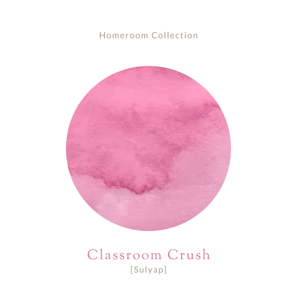 画像をギャラリービューアに読み込む, Amber glass bottle of Vinta Inks 30ml ink in the shade “Classroom Crush [Sulyap],” a flirty bubblegum pink hue. The bottle features a vintage-style label with handwritten elements, placed beside a swatch of the rosy pink ink.
