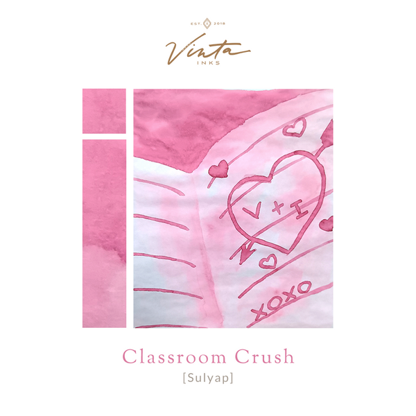 画像をギャラリービューアに読み込む, Amber glass bottle of Vinta Inks 30ml ink in the shade “Classroom Crush [Sulyap],” a flirty bubblegum pink hue. The bottle features a vintage-style label with handwritten elements, placed beside a swatch of the rosy pink ink.
