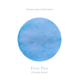 A bottle of Vinta Inks Homeroom 30ml Bottled Ink – First Day [Unang Araw], displayed beside a vibrant swatch in sky blue with soft periwinkle undertones, evoking the bright, hopeful energy and wide-eyed wonder of a student’s first day back at school.