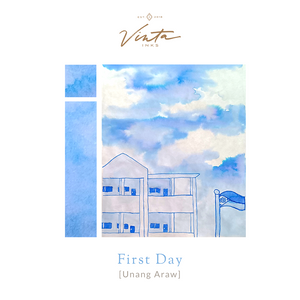 A bottle of Vinta Inks Homeroom 30ml Bottled Ink – First Day [Unang Araw], displayed beside a vibrant swatch in sky blue with soft periwinkle undertones, evoking the bright, hopeful energy and wide-eyed wonder of a student’s first day back at school.