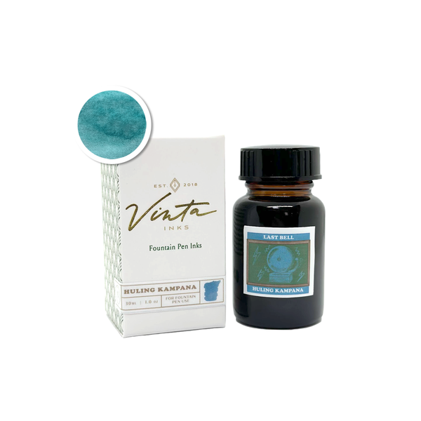 画像をギャラリービューアに読み込む, A bottle of Vinta Inks Homeroom 30ml Bottled Ink – Last Bell [Huling Kampana], with swatches in calming teal-blue tones, evoking the fading energy of the school day’s final moments.
