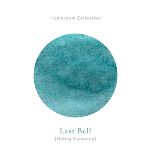 A bottle of Vinta Inks Homeroom 30ml Bottled Ink – Last Bell [Huling Kampana], with swatches in calming teal-blue tones, evoking the fading energy of the school day’s final moments.