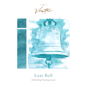 A bottle of Vinta Inks Homeroom 30ml Bottled Ink – Last Bell [Huling Kampana], with swatches in calming teal-blue tones, evoking the fading energy of the school day’s final moments.