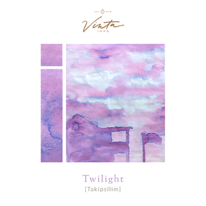 A bottle of Vinta Inks Homeroom 30ml Bottled Ink – Twilight [Takipsilim], shown with lavender-toned ink swatches that evoke the soft, dusky hues of early evening.
