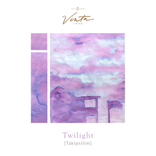画像をギャラリービューアに読み込む, A bottle of Vinta Inks Homeroom 30ml Bottled Ink – Twilight [Takipsilim], shown with lavender-toned ink swatches that evoke the soft, dusky hues of early evening.
