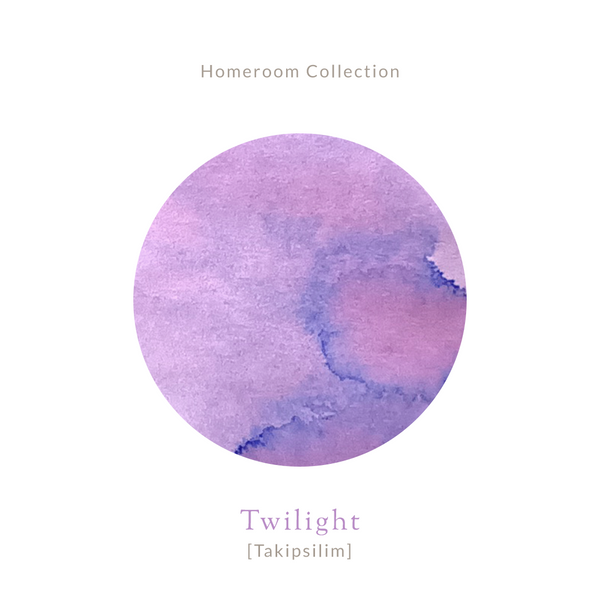 画像をギャラリービューアに読み込む, A bottle of Vinta Inks Homeroom 30ml Bottled Ink – Twilight [Takipsilim], shown with lavender-toned ink swatches that evoke the soft, dusky hues of early evening.
