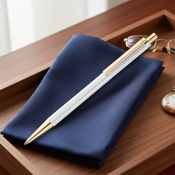 Waldmann Eco Grain Gold Trim Ballpoint Pen in Silver – 925 sterling silver, gold-plated trim – view 1 | Cityluxe Singapore