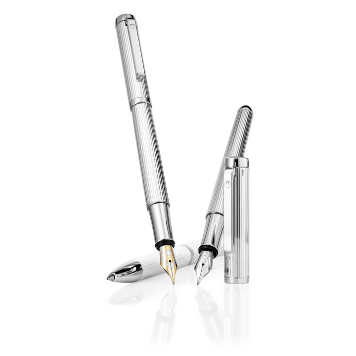 Waldmann Liberty Fountain Pen - Silver Medium Steel Nib — uncapped with cap posted