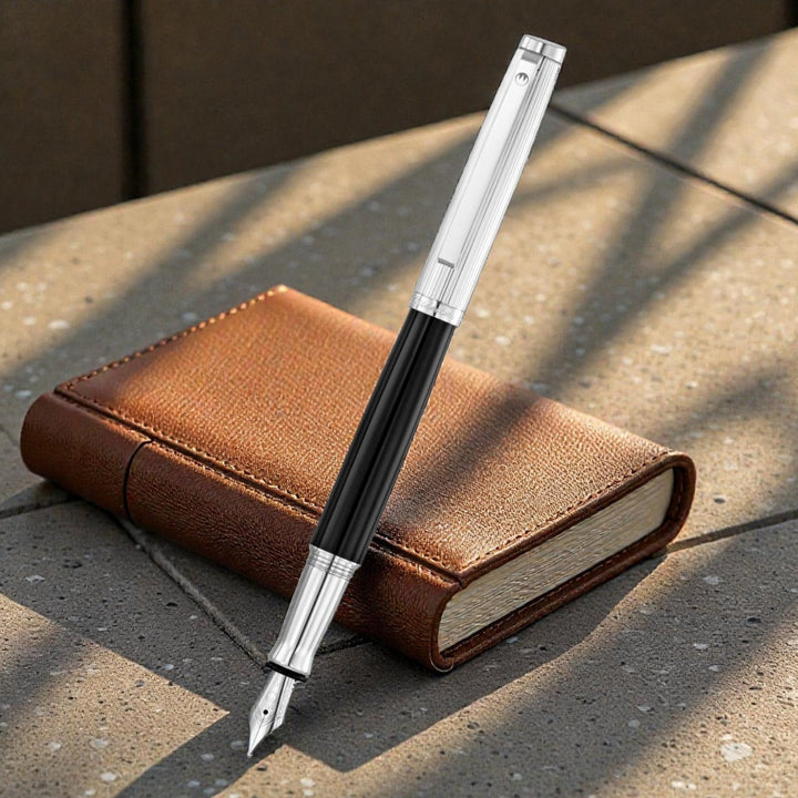 Waldmann Tuscany Fountain Pen in Black with Sterling Silver Pinstripe Cap, Medium Steel Nib – view 3 | Cityluxe Singapore