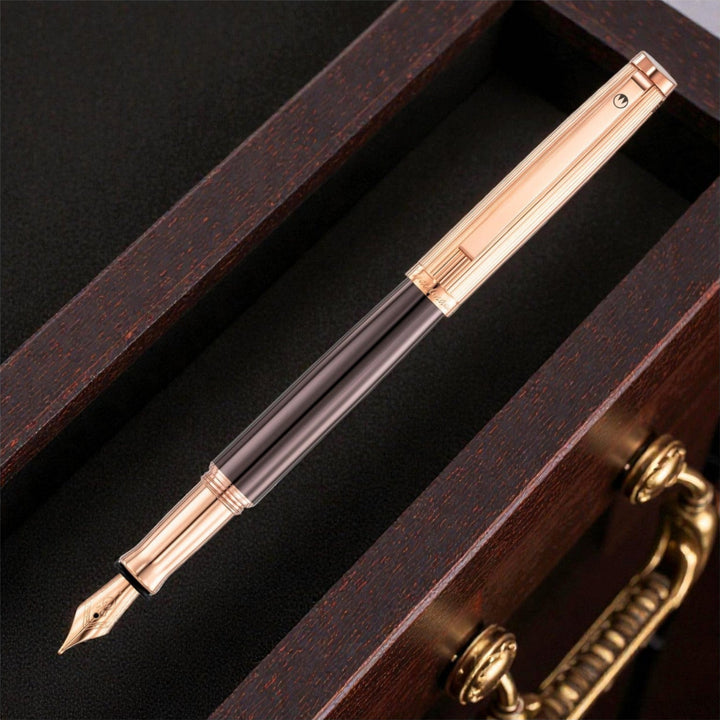 Waldmann Tuscany Fountain Pen in Chocolate Lacquer with Rose Gold Pinstripe Cap, Medium Steel Nib – view 1 | Cityluxe Singapore