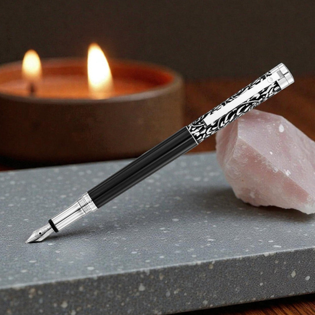 Waldmann Xetra Vienna Fountain Pen in Black, Medium Steel Nib – hand-engraved 925 sterling silver cap – view 3 | Cityluxe Singapore