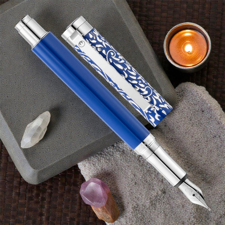 Waldmann Xetra Vienna Fountain Pen in Blue, Extra-Fine Steel Nib – hand-engraved 925 sterling silver cap – view 1 | Cityluxe Singapore