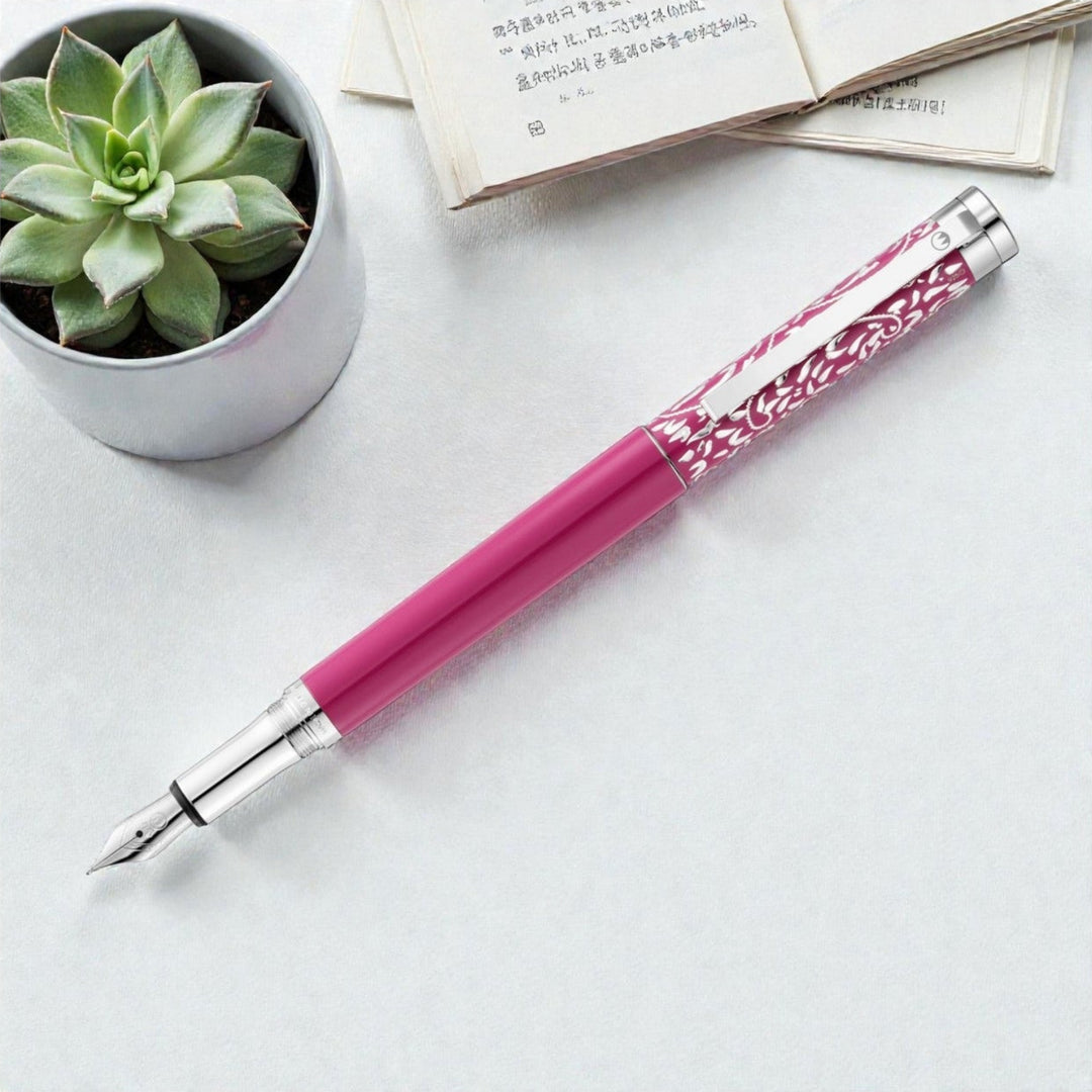 Waldmann Xetra Vienna Fountain Pen in Pink, Medium Steel Nib – hand-engraved 925 sterling silver cap – view 1 | Cityluxe Singapore