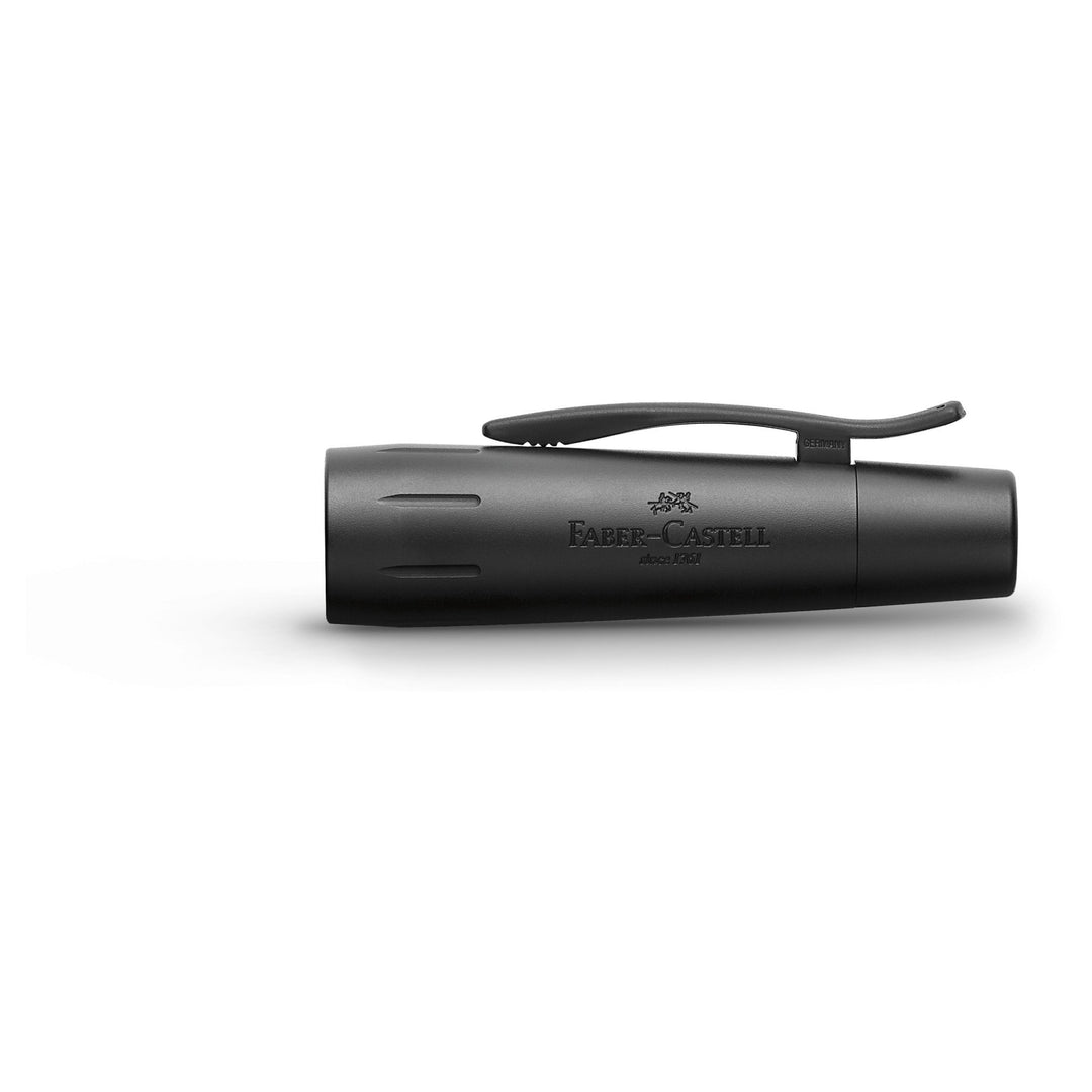 Faber-Castell E-Motion Fountain Pen Pure Black Anodized Aluminum (FPD 2024) — flat lay