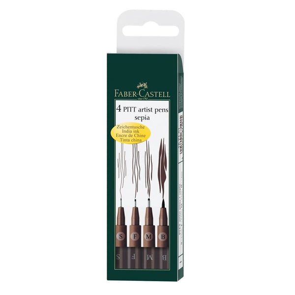 Faber-Castell PITT Artist Pen Set of 4 (S,F,M,B) Sepia — front view