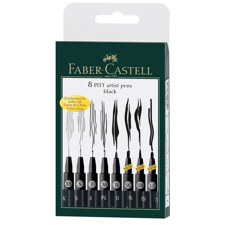 Faber-Castell PITT Artist Pen Set of 8 (XS,S,F,M,B,SC,SB,1.5) Black, Faber-Castell, Fineliner, faber-castell-pitt-artist-pen-set-of-48-xs-s-f-m-b-c-sc-sb-1-5-black, Black, Gift Set, Cityluxe