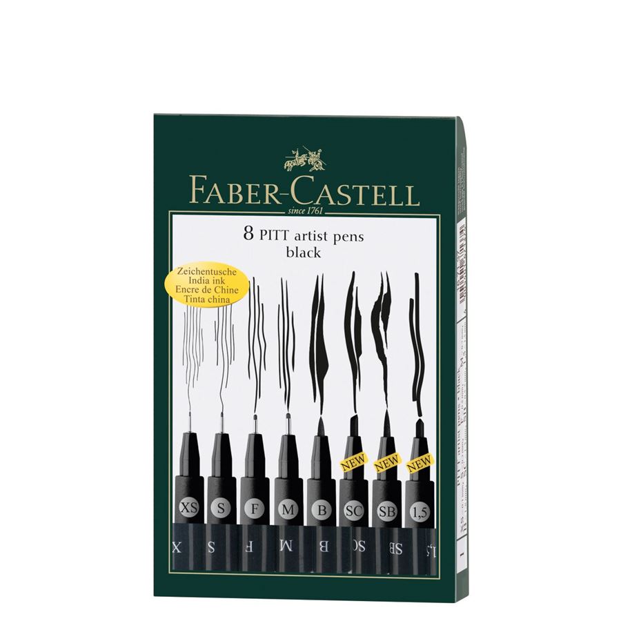 Faber-Castell PITT Artist Pen Set of 8 (XS,S,F,M,B,SC,SB,1.5) Black, Faber-Castell, Fineliner, faber-castell-pitt-artist-pen-set-of-48-xs-s-f-m-b-c-sc-sb-1-5-black, Black, Gift Set, Cityluxe