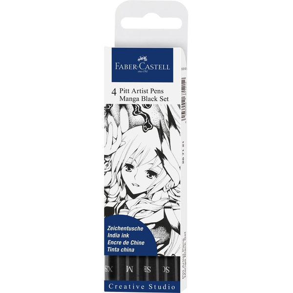 Faber-Castell Pitt Artist Pen Manga Black Set of 4 (With Soft Brush & Calligraphy Tip) — front view