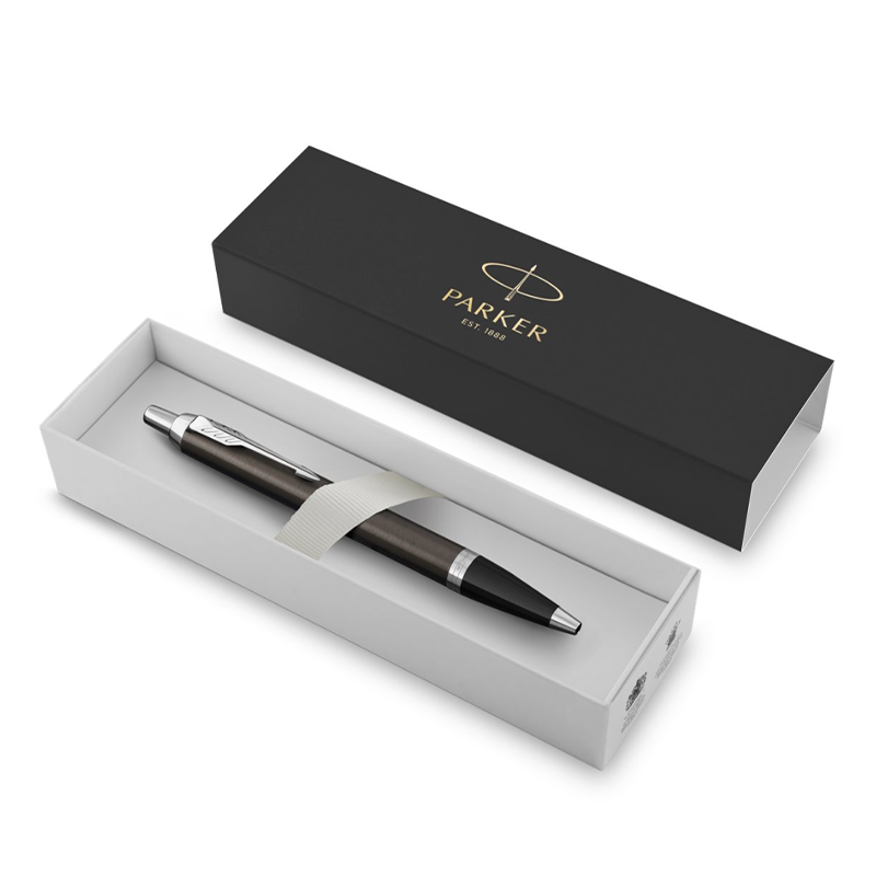 Parker IM Dark Espresso CT Ballpoint Pen — flat lay