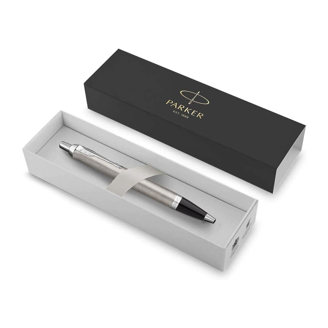Parker IM Stainless CT Ballpoint Pen — flat lay