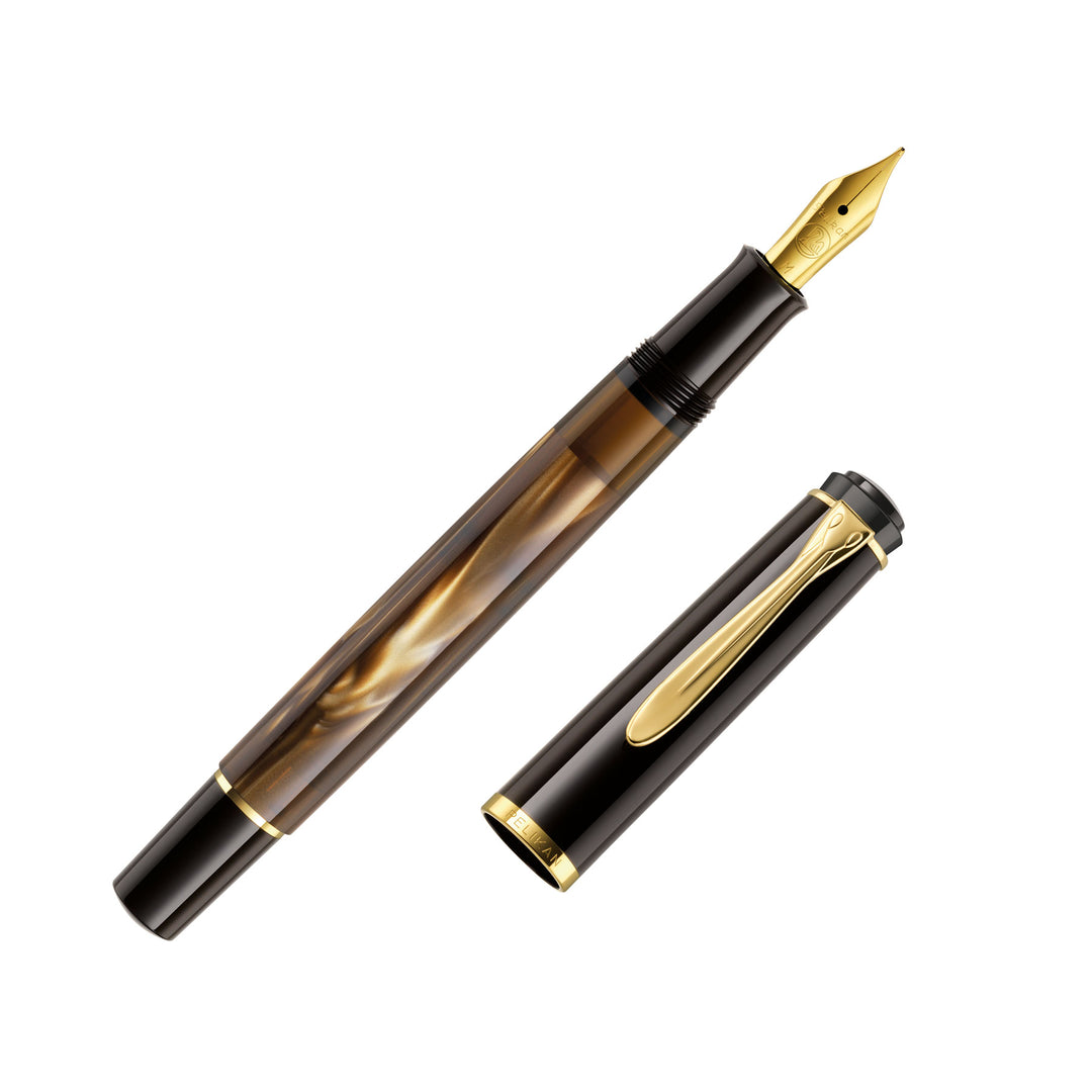 Pelikan Classic M200 Fountain Pen Brown Marble [Pre-Order] — uncapped with cap posted