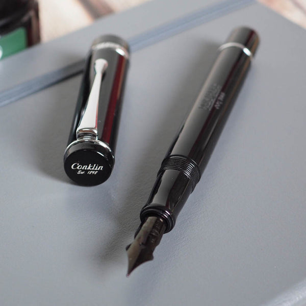Load image into Gallery viewer, Conklin Duraflex Limited Edition Fountain Pen (Flex Nib) Chrome, Conklin, Fountain Pen, conklin-duraflex-limited-edition-fountain-pen-flex-nib-chrome, bLACK, Bullet Journalist, can be engraved, Pen Lovers, Cityluxe
