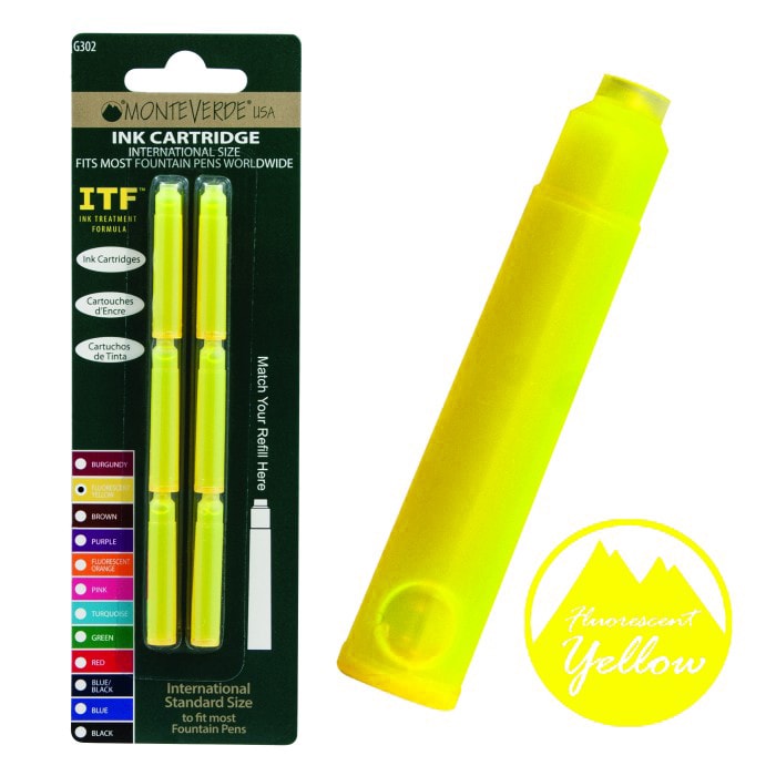 Monteverde Ink Cartridge For Fountain Pen Fluorescent Yellow, Monteverde, Ink Cartridge, monteverde-ink-cartridge-for-fountain-pen-fluorescent-yellow, G302, Ink & Refill, Monteverde, standard international short ink cartridges, Yellow, Cityluxe