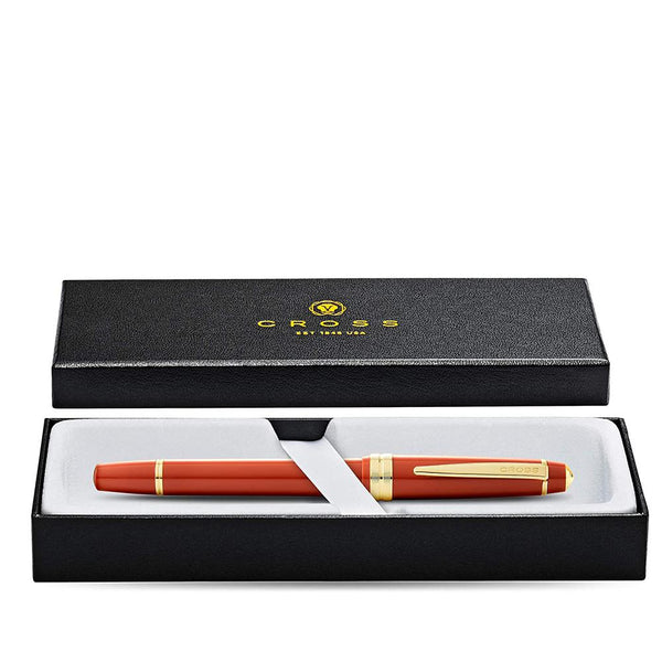 Load image into Gallery viewer, Cross Bailey Light Polished Amber Resin and Gold Tone Rollerball Pen, Cross, Rollerball Pen, cross-bailey-light-polished-amber-resin-and-gold-tone-rollerball-pen, Bailey Light, Ballpoint Pen, can be engraved, Cross, Cross New Jul, Gold, Red, Cityluxe
