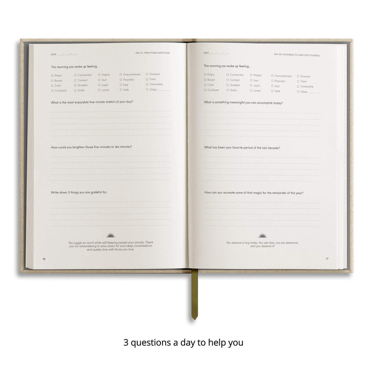 Chai Sunrise 3 Questions a Day Journal - Green — open spread