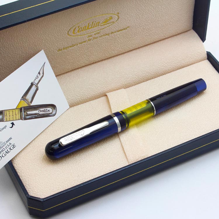 Conklin Heritage Word Gauge Fountain Pen Blue Swirl — flat lay