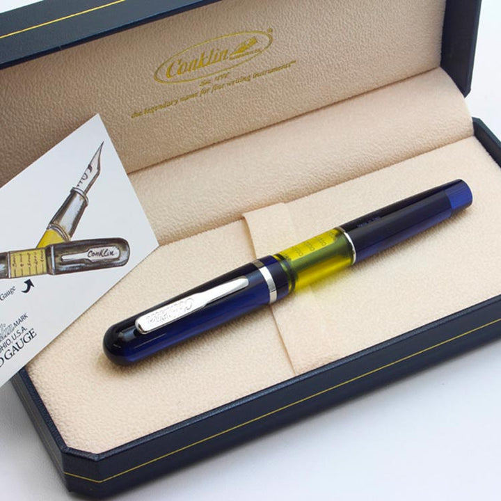 Conklin Heritage Word Gauge Fountain Pen Blue Swirl — flat lay